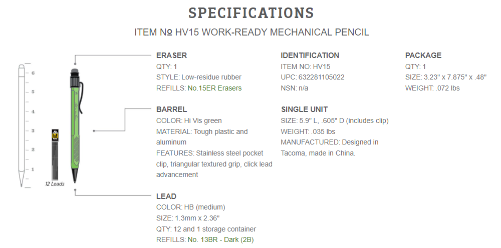 Hi Vis Green Trades Pencil, W/ 12 Lead Refills Yellow Body and ALum.tip/end